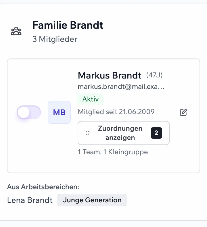 Kirchenwerk: Mitglieder in der Ansicht „Familien“ mit Status, Mitgliedschaft und Zuordnungen