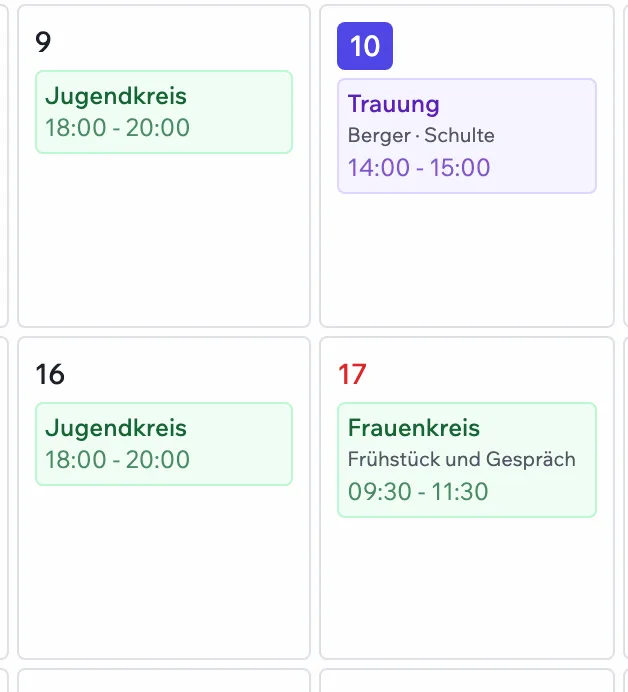 Kirchenwerk: Monatskalender im Oktober, jede Terminart in eigener Farbe