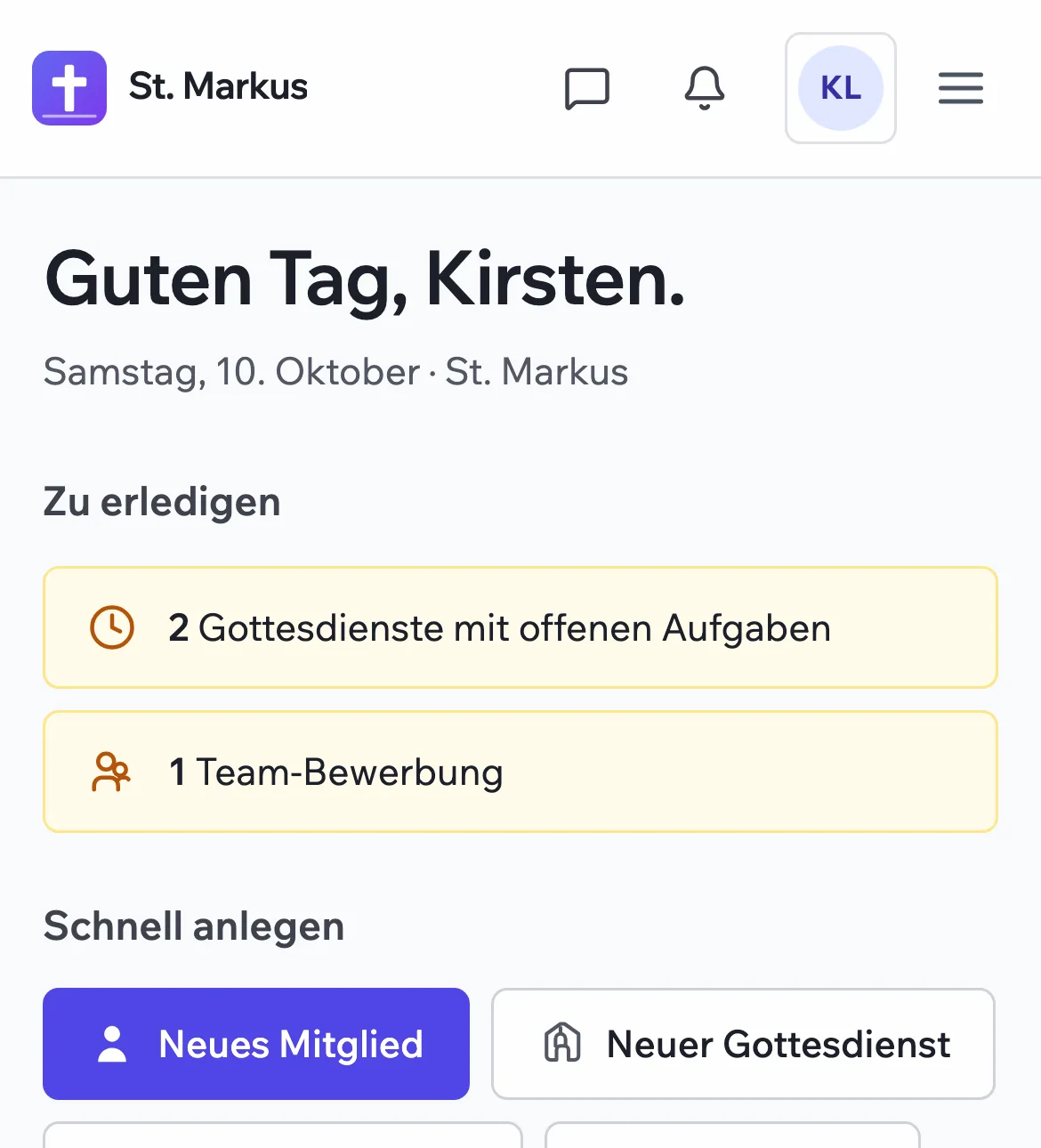 Kirchenwerk: Startseite mit offenen Aufgaben und Schnell anlegen